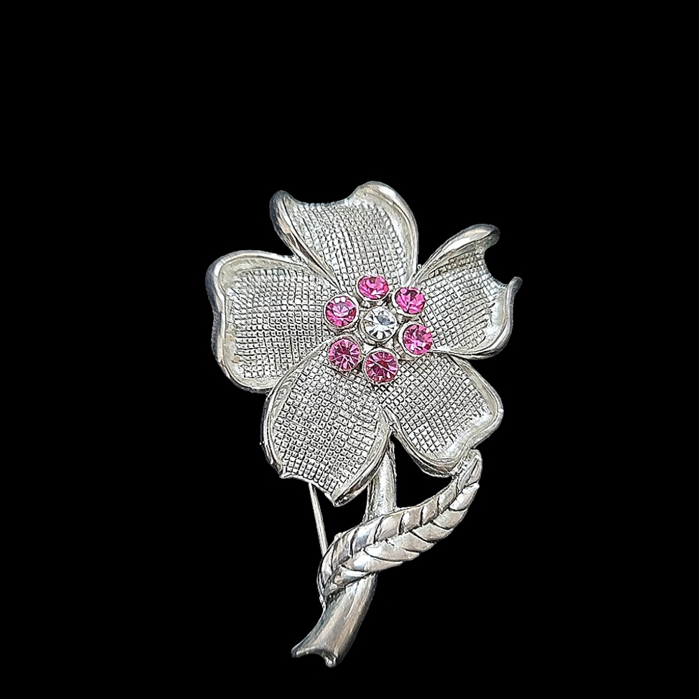Vintage Silvertone Flower Brooch Pin with Pink & White Rhinestones 1.75" x 2.75"